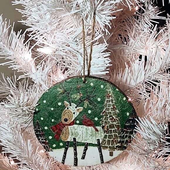 Hand Crafted Decoupage Wooden Christmas Ornament/Log Deer with Cardinal Decor - Picture 1 of 3